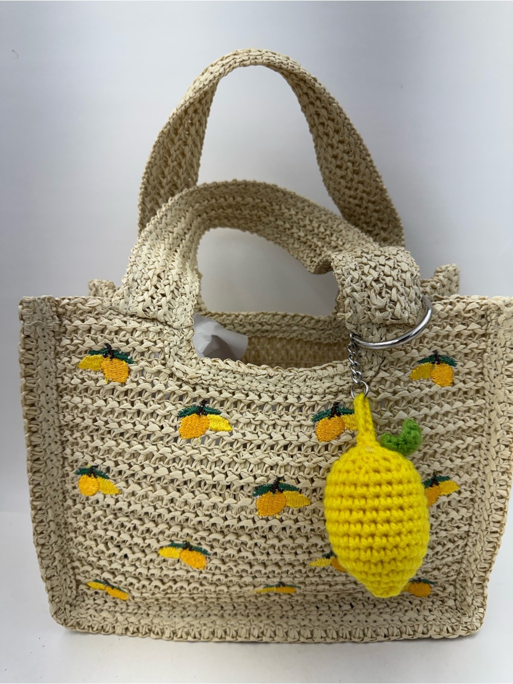 Madden Girl Cream Crochet Tote with Yellow Lemon Embroidery & Lemon Keychain
